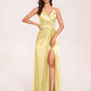 Sexy Satin A-line Prom Dresses Spaghetti Straps Side Slit V-neck Floor Length