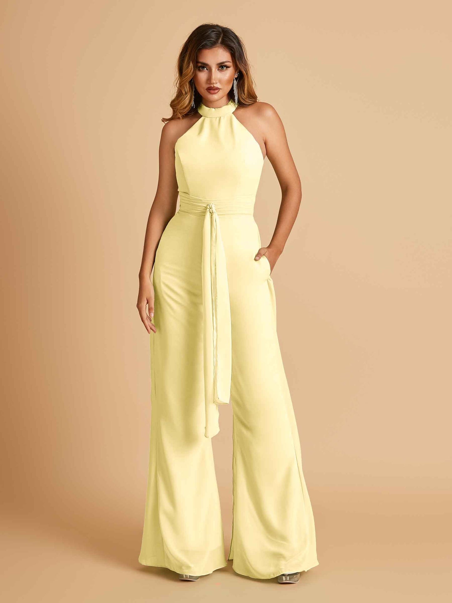 Chiffon Prom Jumpsuit Jewel Neck Sleeveless Floor Length With Pockets