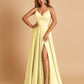 Satin A-line Long Prom Dresses Spaghetti Straps V-neck Side Slit Floor Length