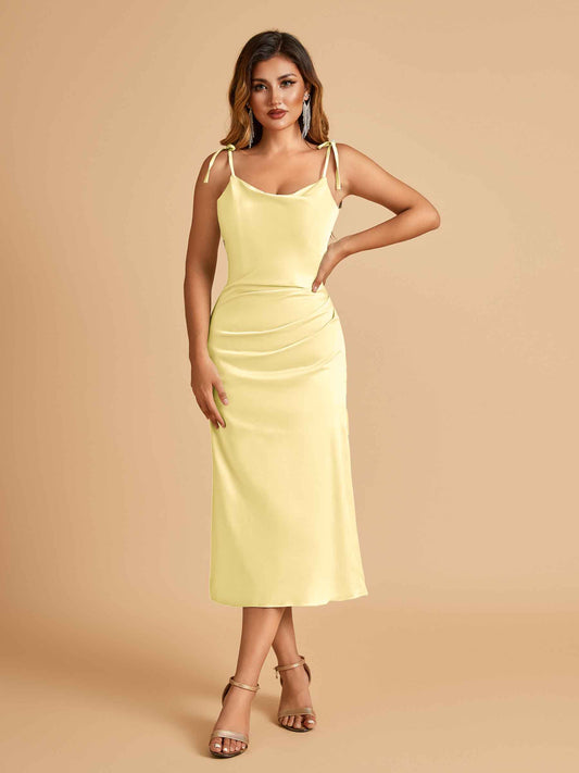 Sexy Satin Midi Bridesmaid Dresses Spaghetti Straps Slip Scoop Side Slit