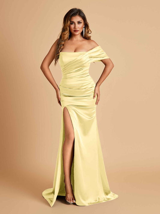 Satin One-shoulder Long Bridesmaid Dresses Side Slit With Pleats Mermaid