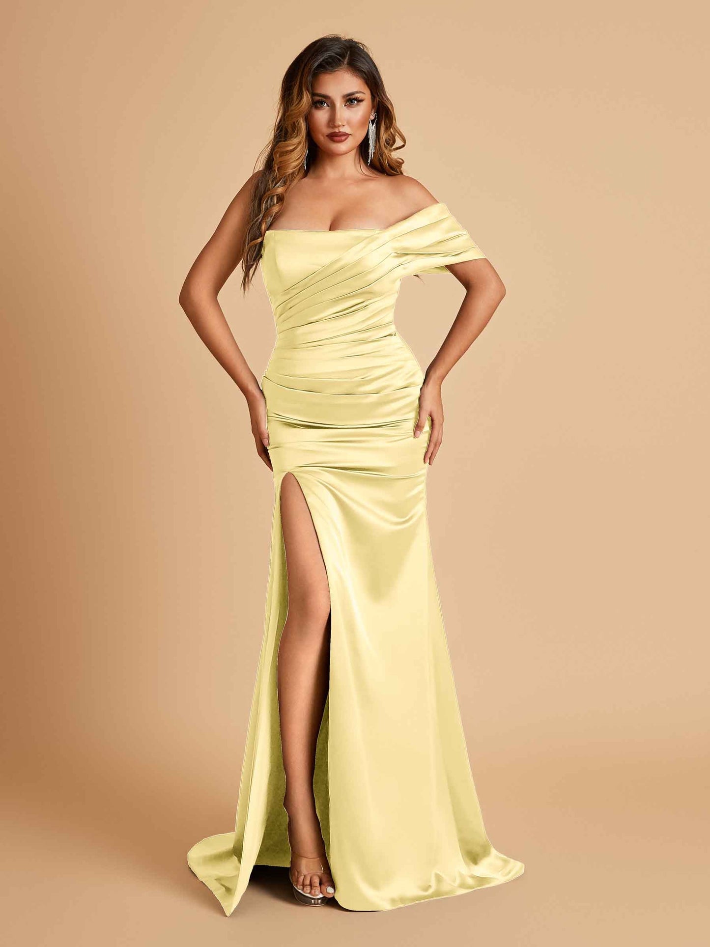 Satin One-shoulder Long Prom Dresses Side Slit With Pleats Mermaid