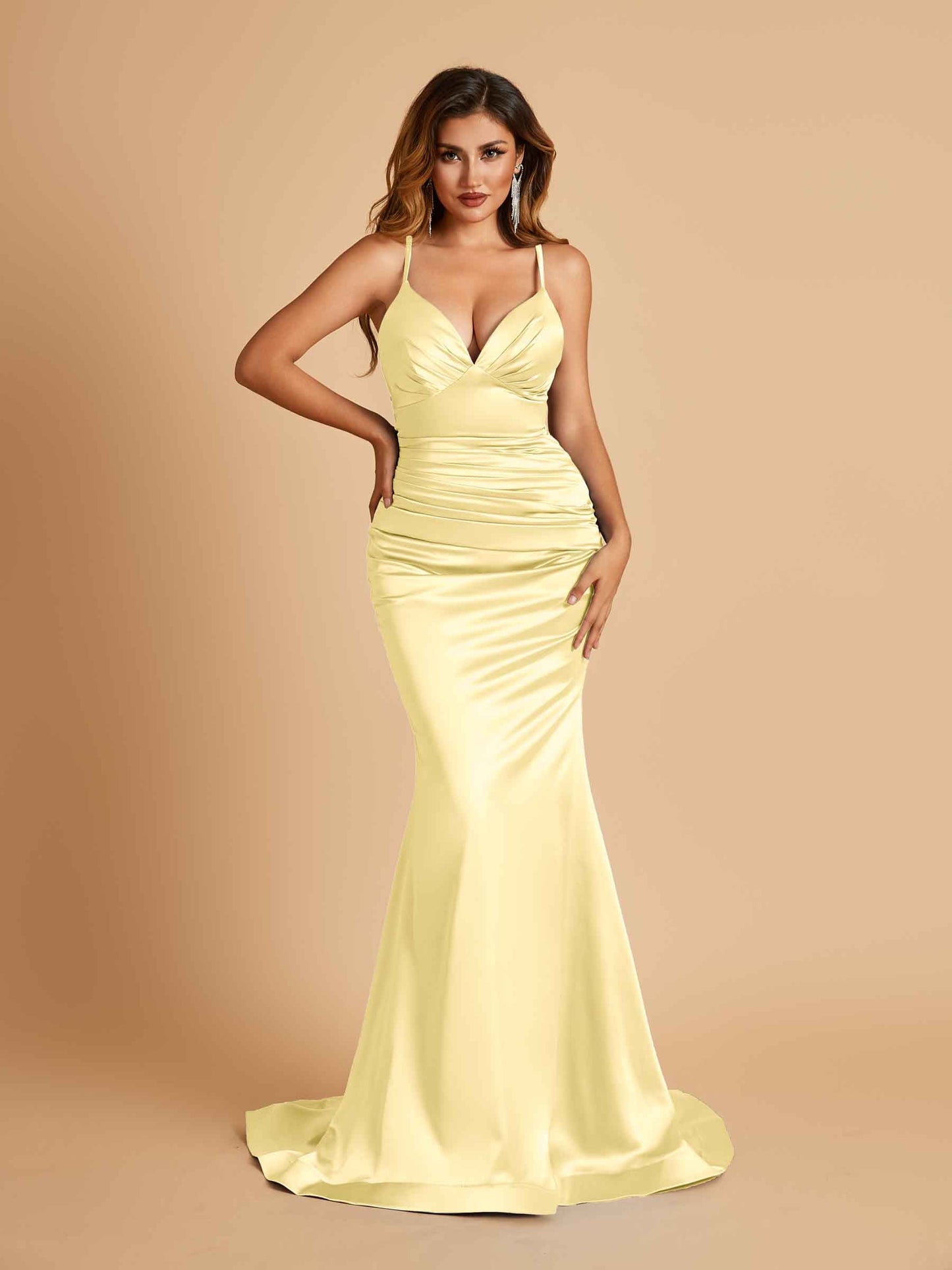 Satin Mermaid V-neck Prom Dresses Spaghetti Straps Floor Length