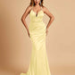 Satin Mermaid Open-back Prom Dresses Spaghetti Straps V-neck With Pleats Floor Length