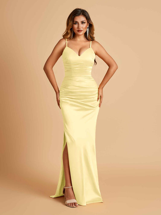 Satin Mermaid Long Bridesmaid Dresses Spaghetti Straps V-neck Side Slit Floor Length