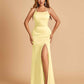 Satin Mermaid Long Bridesmaid Dresses Spaghetti Straps Scoop Side Slit Criss-cross Back