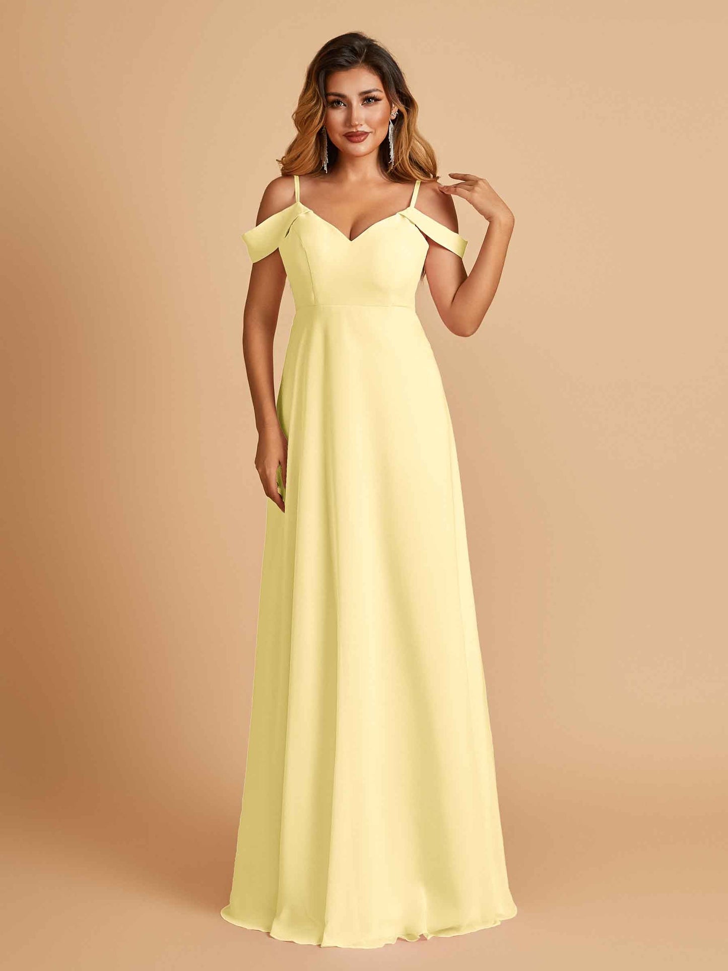 Chiffon Off-shoulder Long Bridesmaid Dresses V-neck Floor Length A-line For Sale