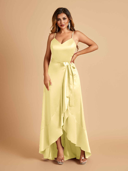 Satin Asymmetric V-neck Bridesmaid Dresses Sleeveless Side Slit A-line Unique