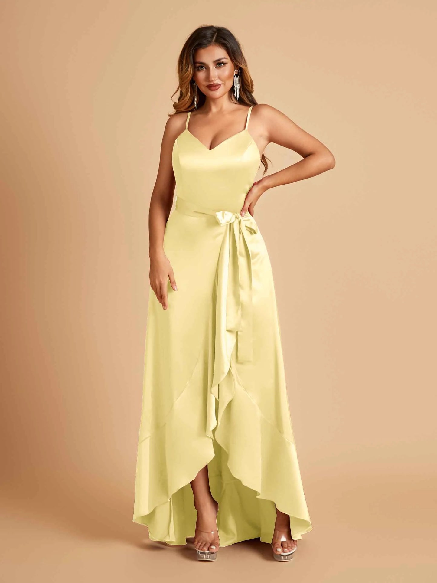Satin Asymmetric V-neck Bridesmaid Dresses Sleeveless Side Slit A-line Unique For Sale