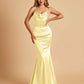 Satin Mermaid Open Back Bridesmaid Dresses Spaghetti Straps Scoop Floor Length