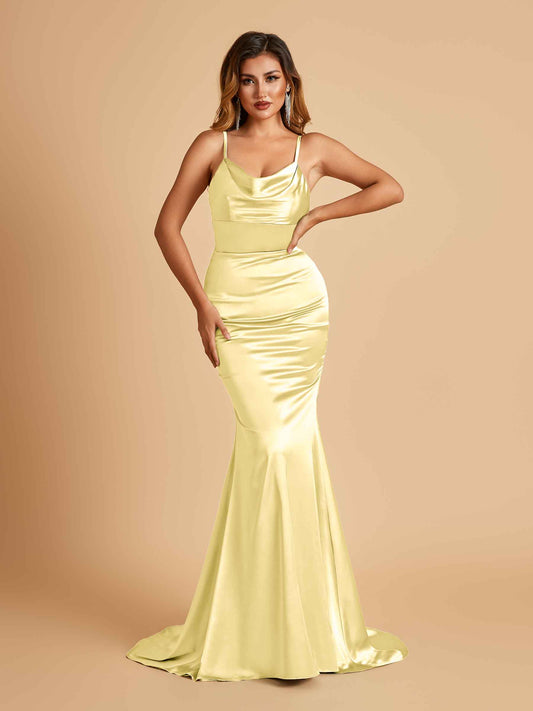 Satin Mermaid Open Back Bridesmaid Dresses Spaghetti Straps Scoop Floor Length