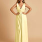 Sexy Satin Deep V-neck Long Bridesmaid Dresses A-line Pleats Sleeveless Floor Length