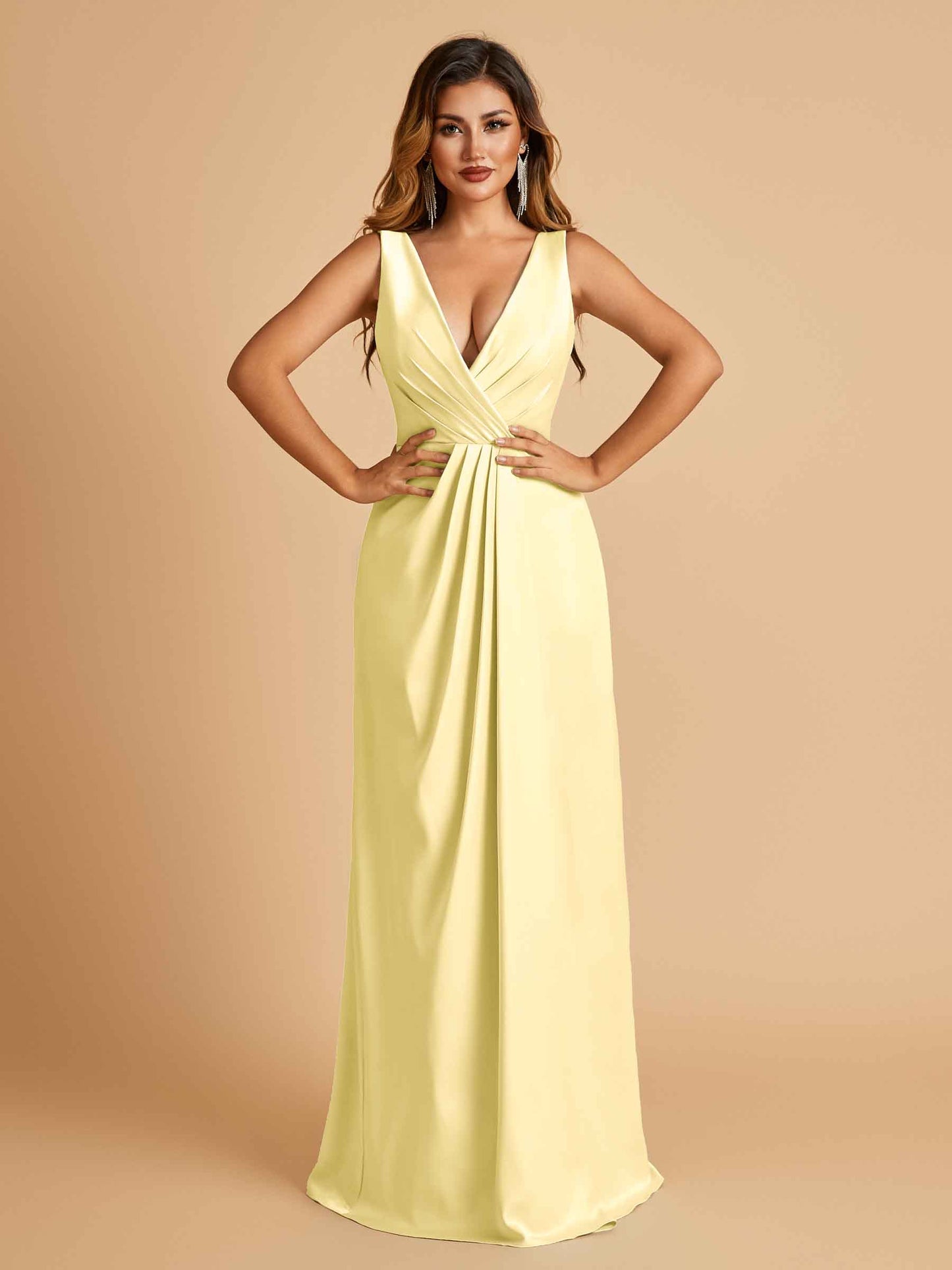Sexy Satin Deep V-neck Long Bridesmaid Dresses A-line Pleats Sleeveless Floor Length