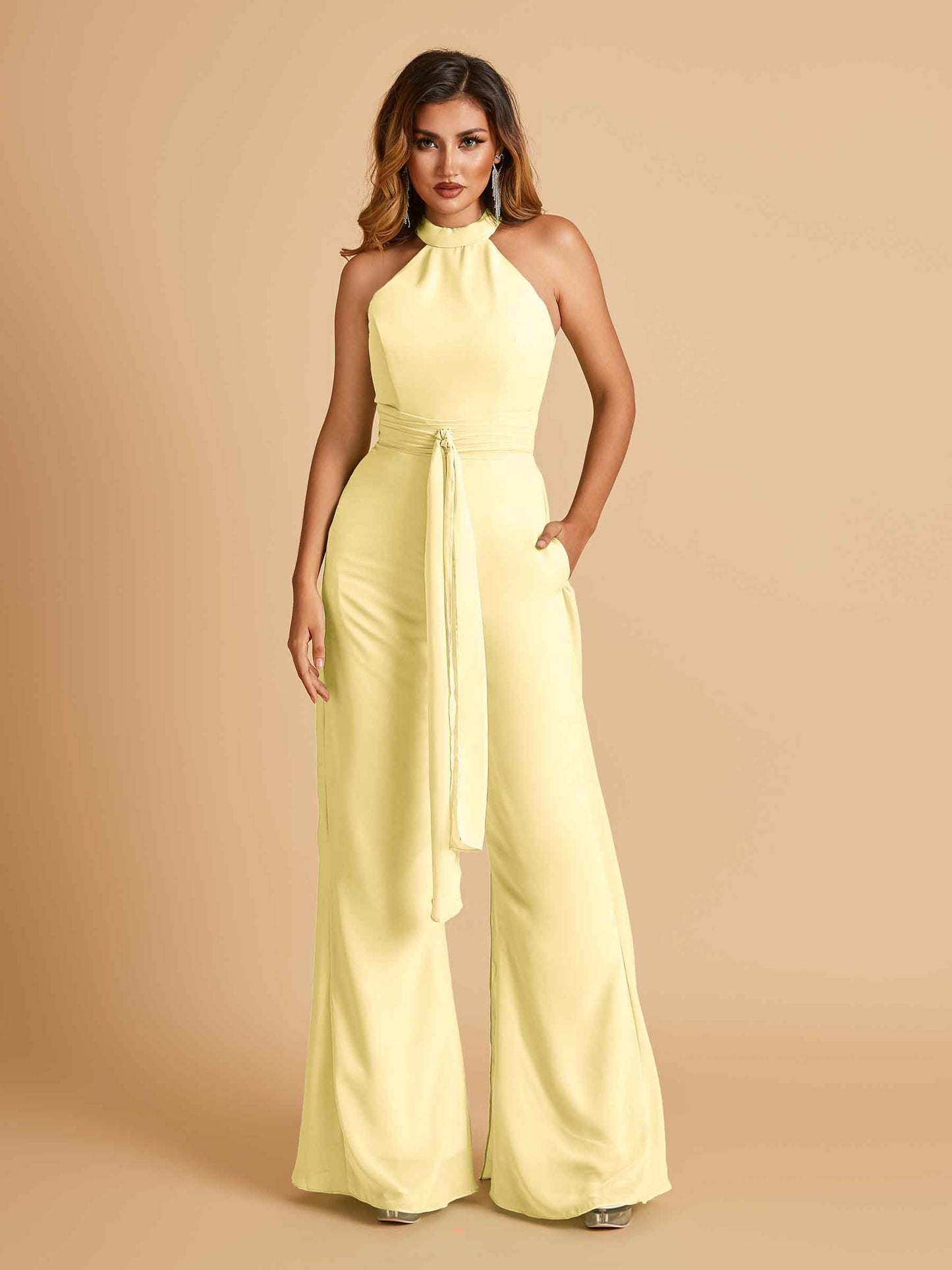 Chiffon Bridesmaid Jumpsuit Jewel Neck Sleeveless Floor Length With Pockets