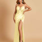 Sexy Satin Spaghetti Straps Bridesmaid Dresses V-neck Side Slit Pleats Floor Length Sheath