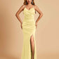 Sexy Satin Mermaid Prom Dresses Spaghetti Straps V-neck Side Slit Floor Length