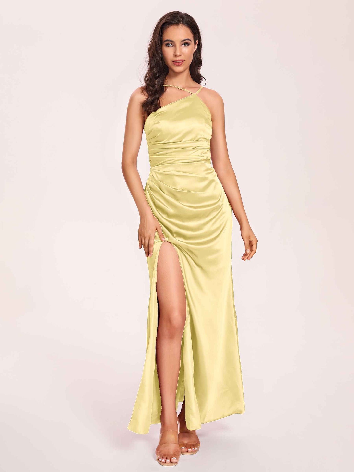 Satin Halter Pleats Sheath Bridesmaid Dresses Side-Slit Floor Length Sleeveless