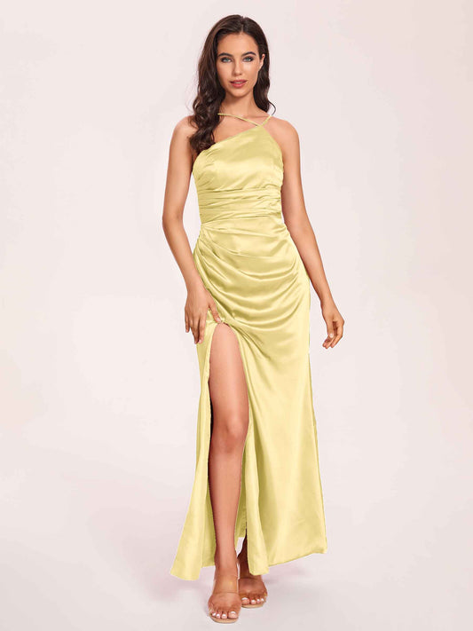 Satin Halter Pleats Sheath Bridesmaid Dresses Side-Slit Floor Length Sleeveless