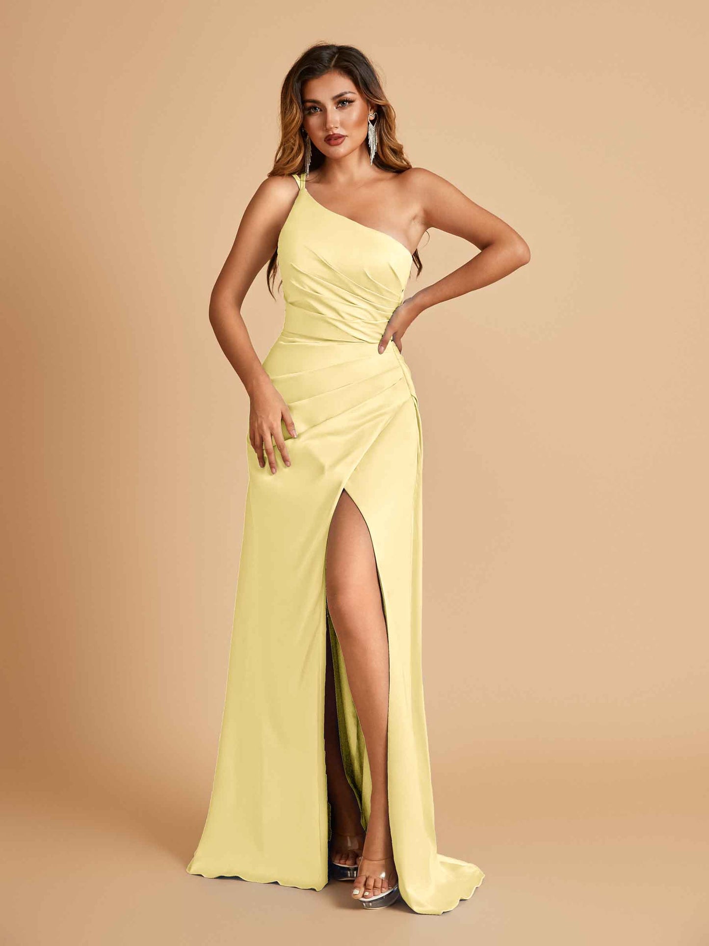 Satin One Shoulder Sheath Bridesmaid Dresses Spaghetti Straps Side Slit Floor Length