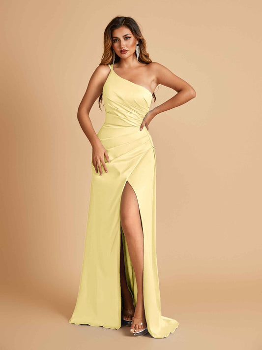 Satin One Shoulder Sheath Bridesmaid Dresses Spaghetti Straps Side Slit Floor Length