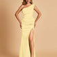 Satin One-shoulder Bridesmaid Dresses Mermaid Side Slit Sleeveless Floor Length