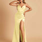 Satin Spaghetti Straps Long Prom Dresses V-neck Side Slit Criss-cross Back Sheath