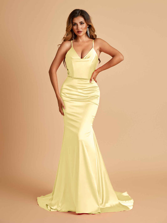 Sexy Satin Mermaid Bridesmaid Dresses Spaghetti Straps V-neck Pleats Floor Length