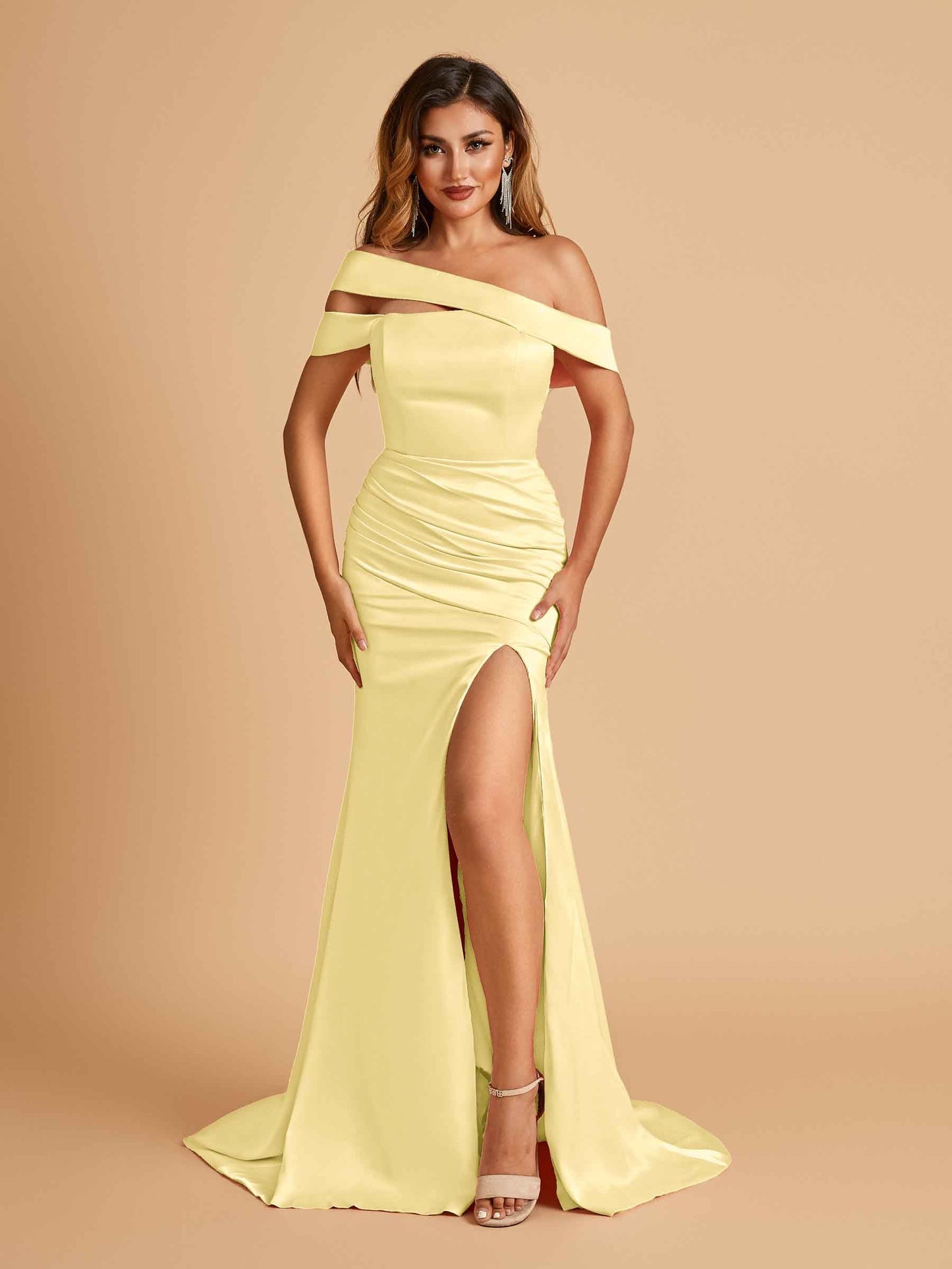 Unique Satin Mermaid Prom Dresses With Off Shoulder Straps Side Slit Floor Length