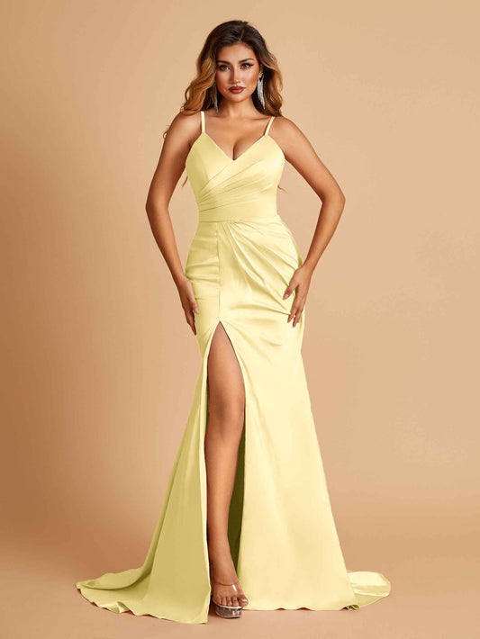 Sexy Mermaid Bridesmaid Dresses Spaghetti Straps Satin Side Slit Pleats Floor Length