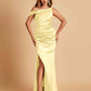Unique Satin One Shoulder Bridesmaid Dresses Side Slit Half Open Back Floor Length