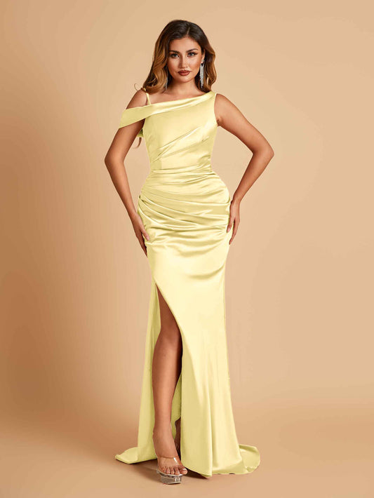 Unique Satin One Shoulder Bridesmaid Dresses Side Slit Half Open Back Floor Length