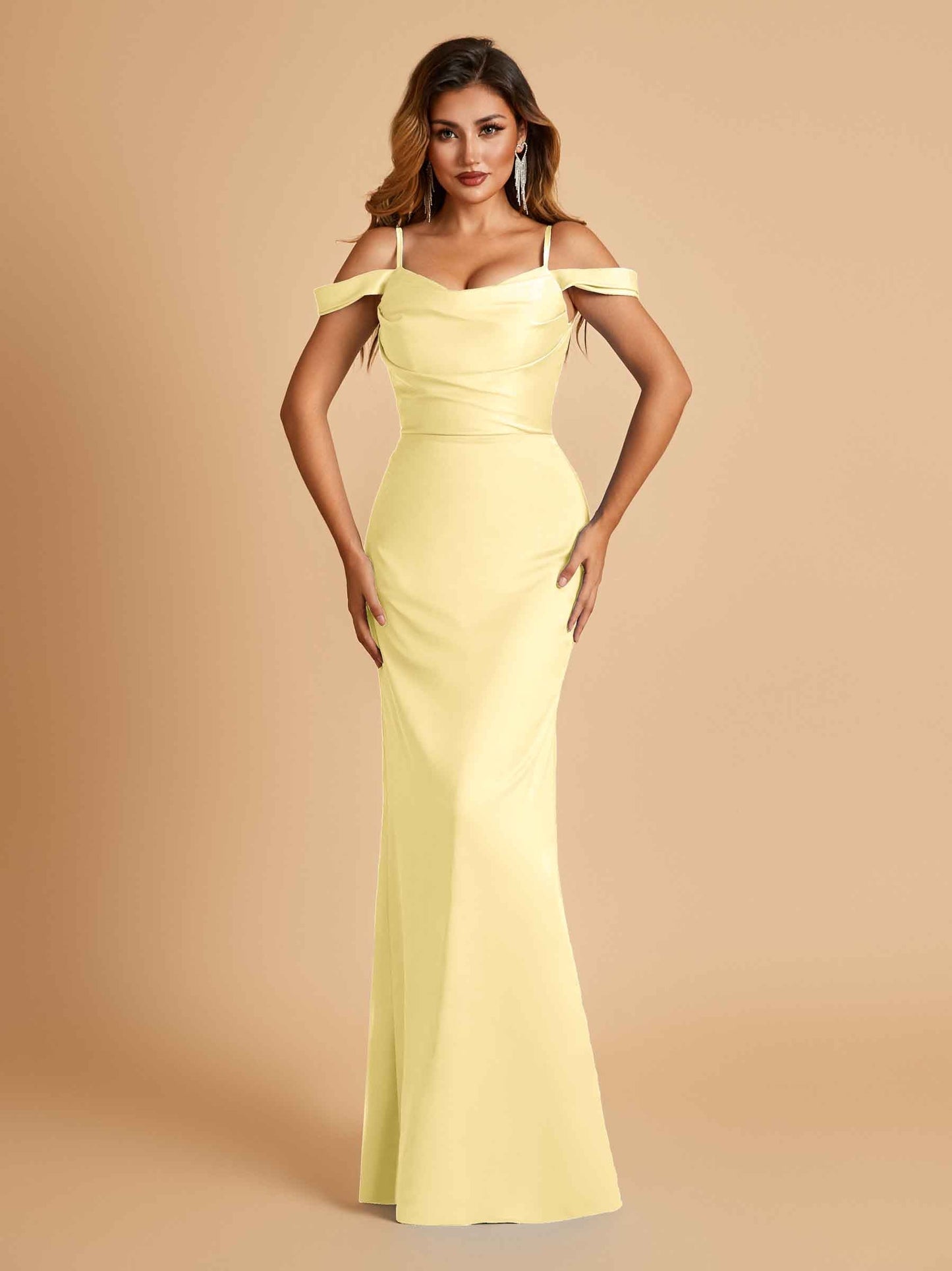 Sexy Off Shoulder Mermaid Long Prom Dresses Satin Spaghetti Straps Floor Length