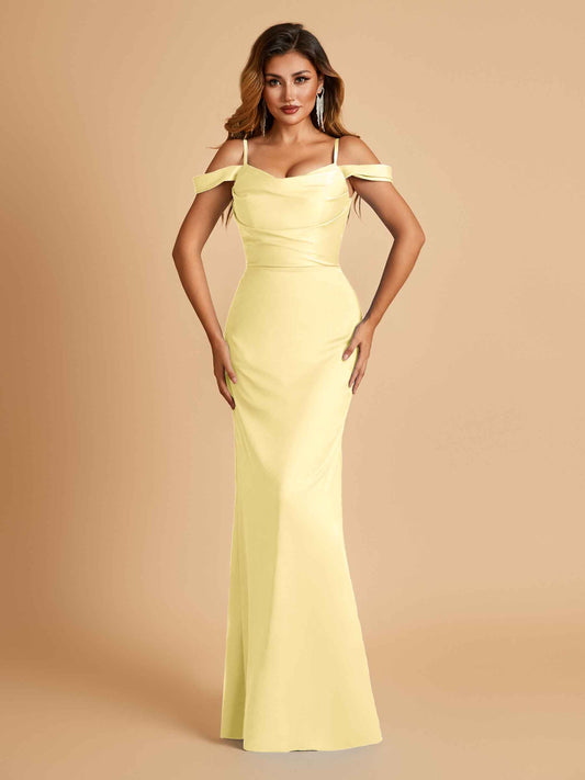 Sexy Off Shoulder Mermaid Long Bridesmaid Dresses Satin Spaghetti Straps Floor Length