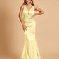 Sexy Satin Criss-cross Back Prom Dresses Mermaid Deep V-neck Back Pleats Floor Length