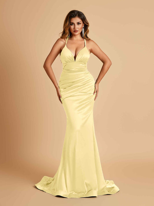 Satin Mermaid Open-back Bridesmaid Dresses Spaghetti Straps V-neck With Pleats Floor Length