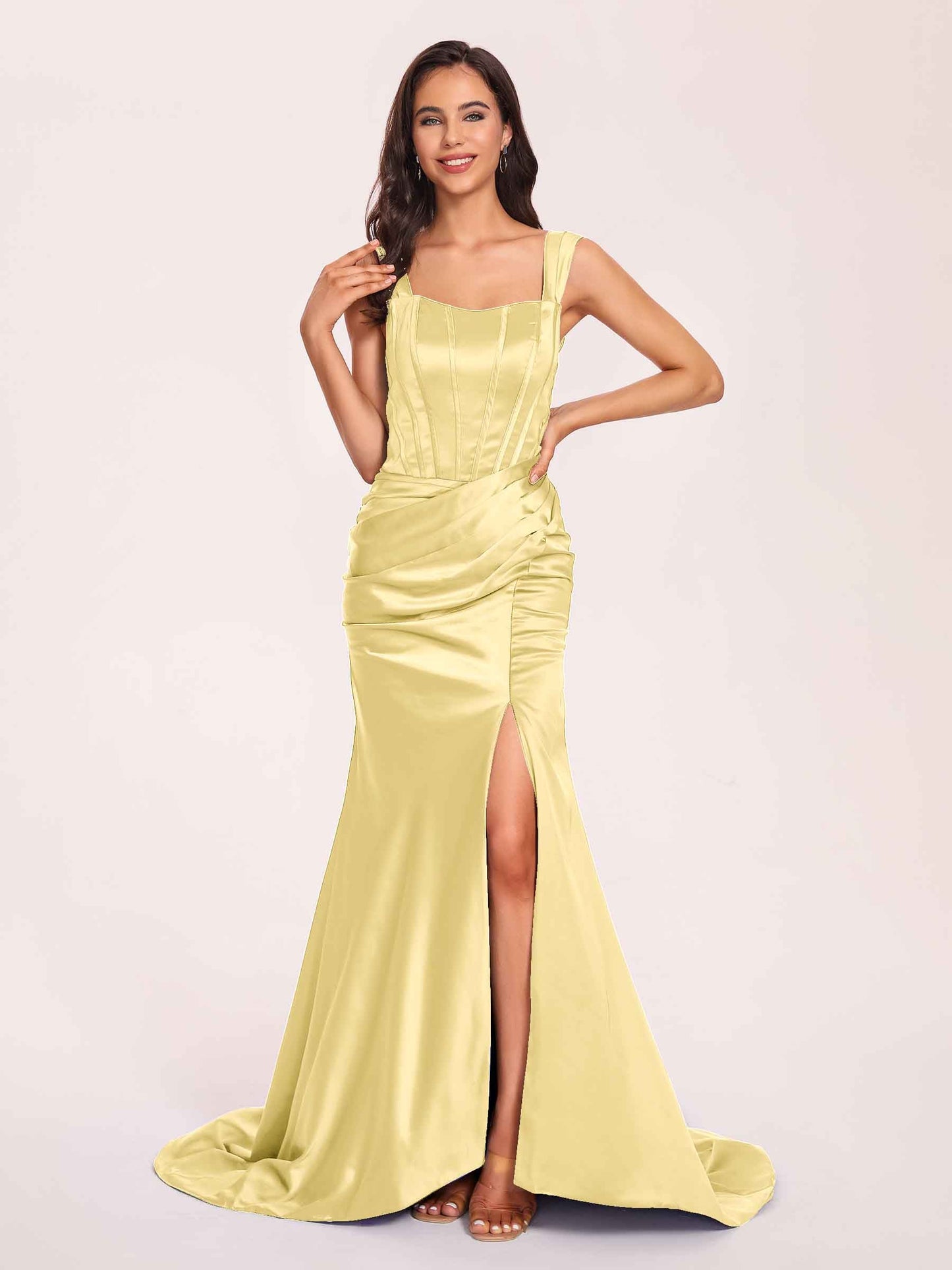 Sexy Satin Square Mermaid Prom Dresses Pleats Side-Slit Floor-Length Sleeveless