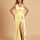 Satin One Shoulder Mermaid Bridesmaid Dresses Side Slit Floor Length For Sale