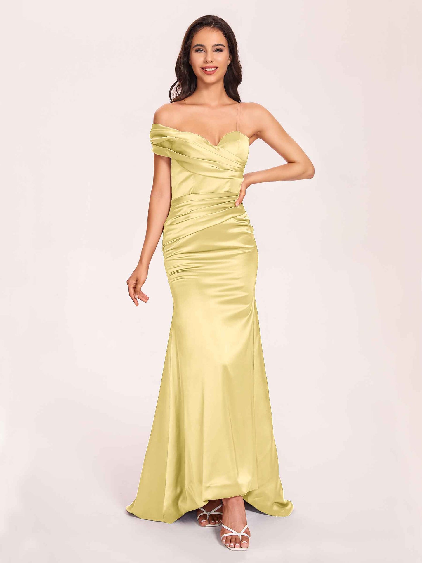 Satin One-shoulder Bridesmaid Dresses Pleats Floor Length Mermaid Long