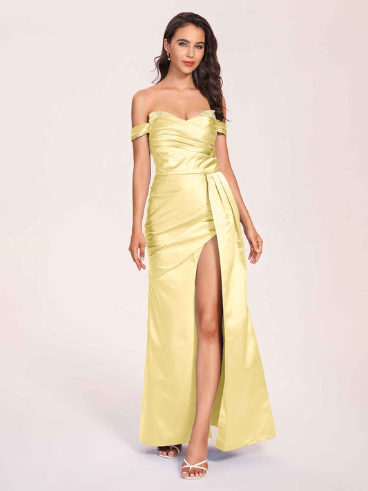Elegant Satin Off Shoulder Bridesmaid Dresses Side-slit Sweetheart Floor Length Sheath