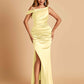 Unique Satin One Shoulder Prom Dresses Side Slit Half Open Back Floor Length