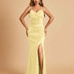 Sexy Satin Mermaid Bridesmaid Dresses Spaghetti Straps V-neck Side Slit Floor Length