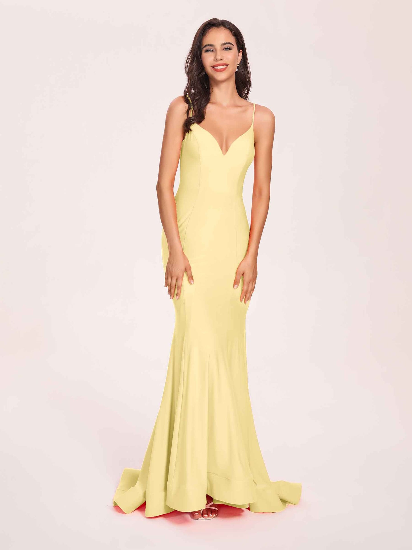 Sexy Satin Mermaid Prom Dresses Spaghetti Straps V-neck Floor Length Lace-up Back