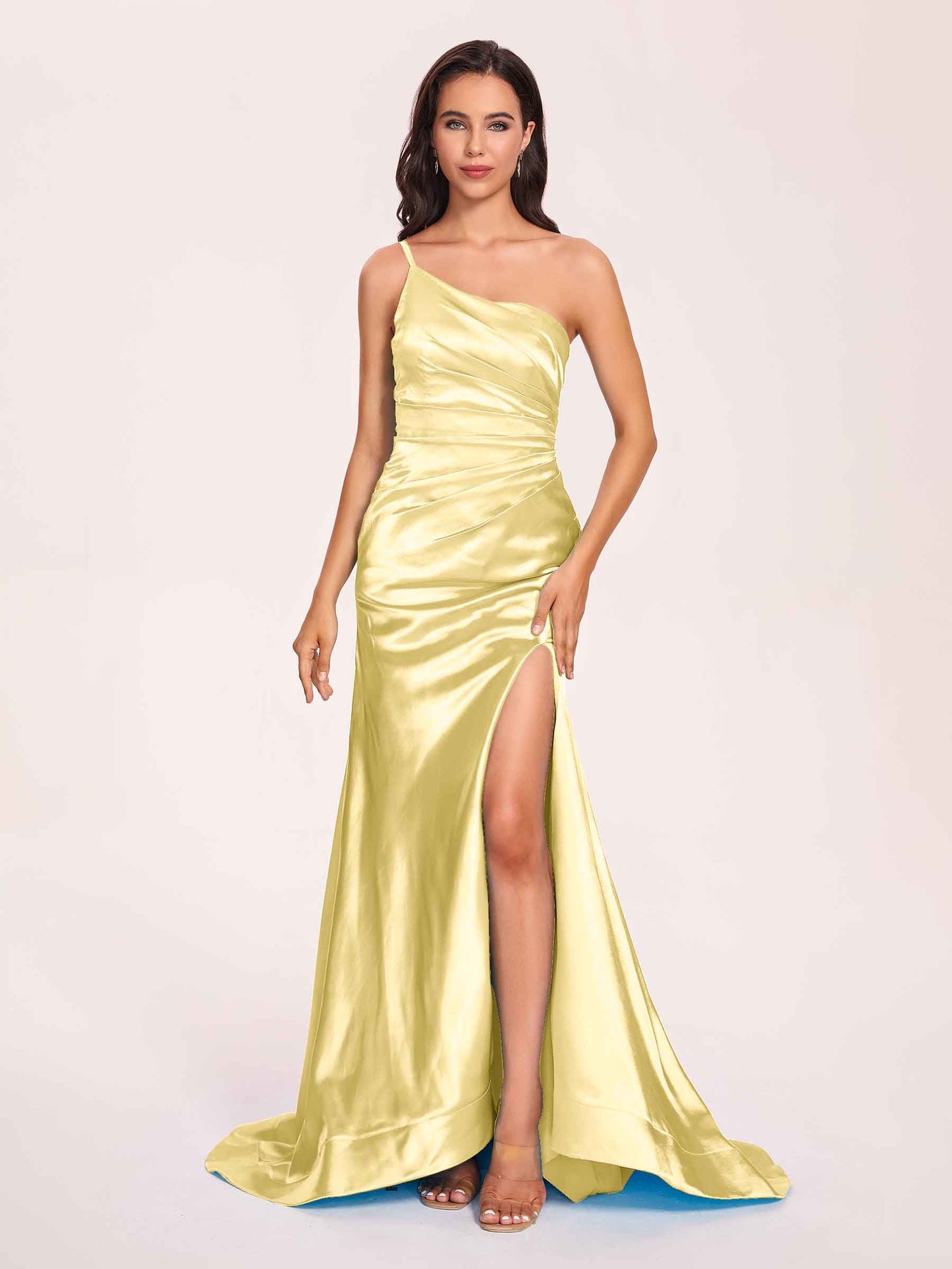 Satin One-shoulder Mermaid Prom Dresses Side Slit Pleats Floor Length
