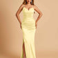 Satin Mermaid Long Bridesmaid Dresses Spaghetti Straps V-neck Side Slit Floor Length For Sale