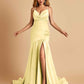 Sexy Satin Mermaid Open Back Prom Dresses Spaghetti Straps V-neck Side Slit