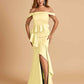 Satin Mermaid Off Shoulder Bridesmaid Dresses With Ruffles Side Slit Floor Length