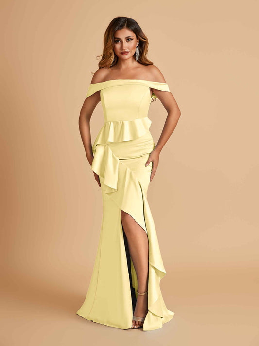 Satin Mermaid Off Shoulder Bridesmaid Dresses With Ruffles Side Slit Floor Length
