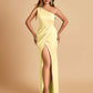 Satin One-shoulder Bridesmaid Dresses Sheath Side Slit Sleeveless Floor Length