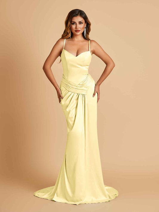 Satin Mermaid Sweetheart Bridesmaid Dresses Spaghetti Straps With Pleats Floor Length