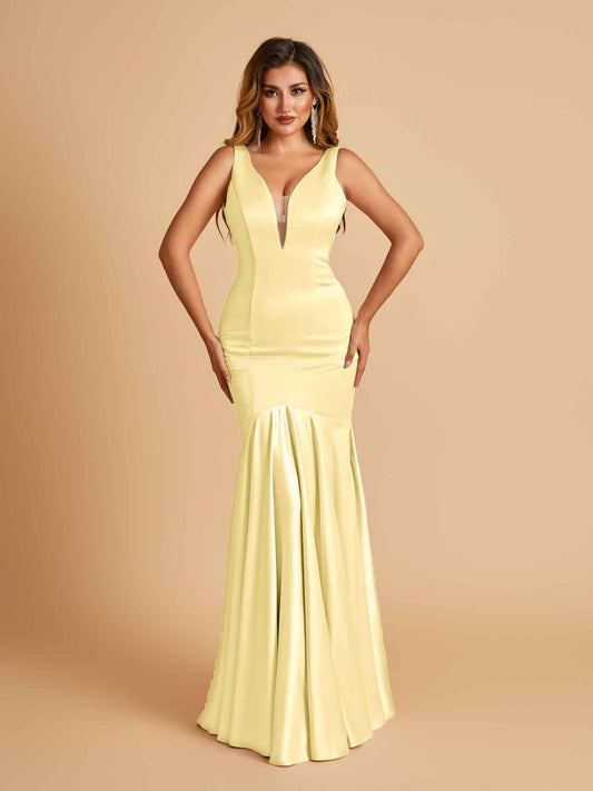 Satin Deep V-neck Mermaid Bridesmaid Dresses Half Open Back Floor Length
